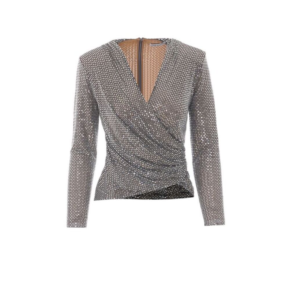 Self Portrait Women Rhinestone Mesh Long Sleeves Top